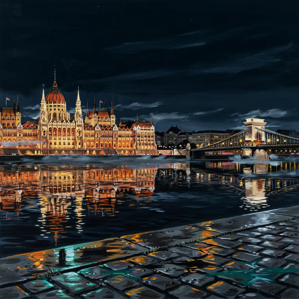 Wet cobblestones and neon reflections by the Danube in Budapest at midnight
